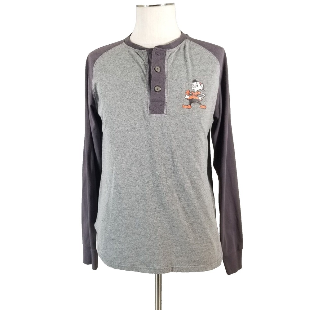 NFL Henley Shirt Mens Large Gray Cleveland Browns Brownie Elf Retro Long Sleeve